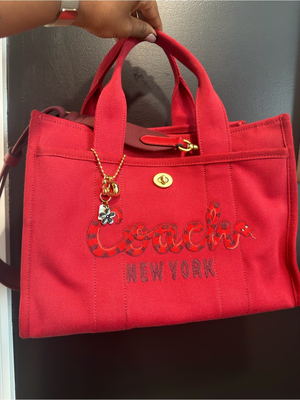 Coach New Year Red Cargo Tote with Charm and Embroidered Logo